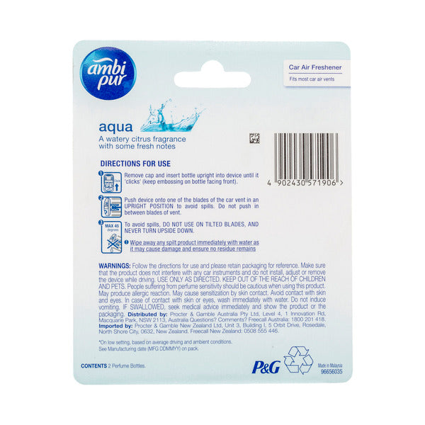 Ambi Pur Premium Clip Aqua Car Air Freshener Refill | 7.5mL
