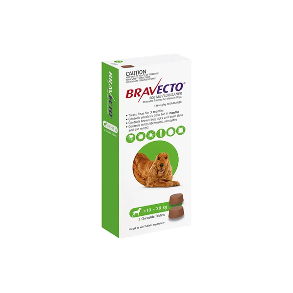 Bravecto 10-20kg Medium Dog Flea & Tick Chew 2PK