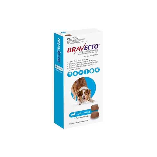 Bravecto 20-40kg Large Dog Flea & Tick Chew 2PK