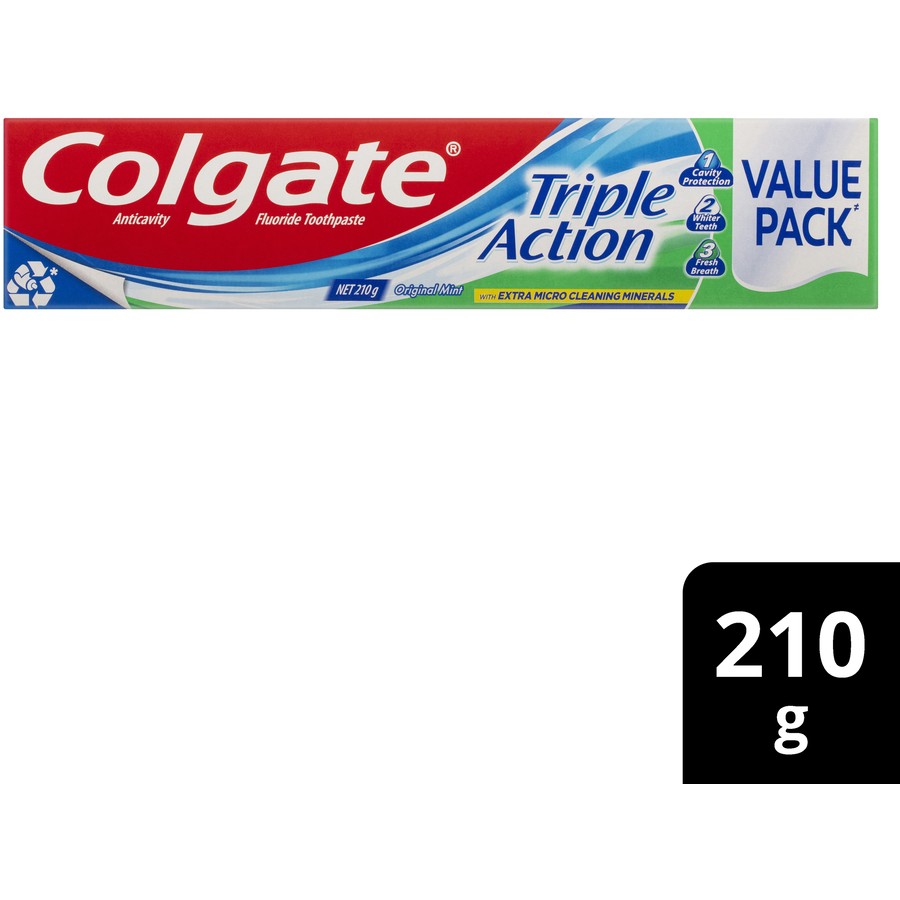 Colgate Fluoride Toothpaste Triple Action with Extra Micro Cleaning Minerals Original Mint Value Pack 210g