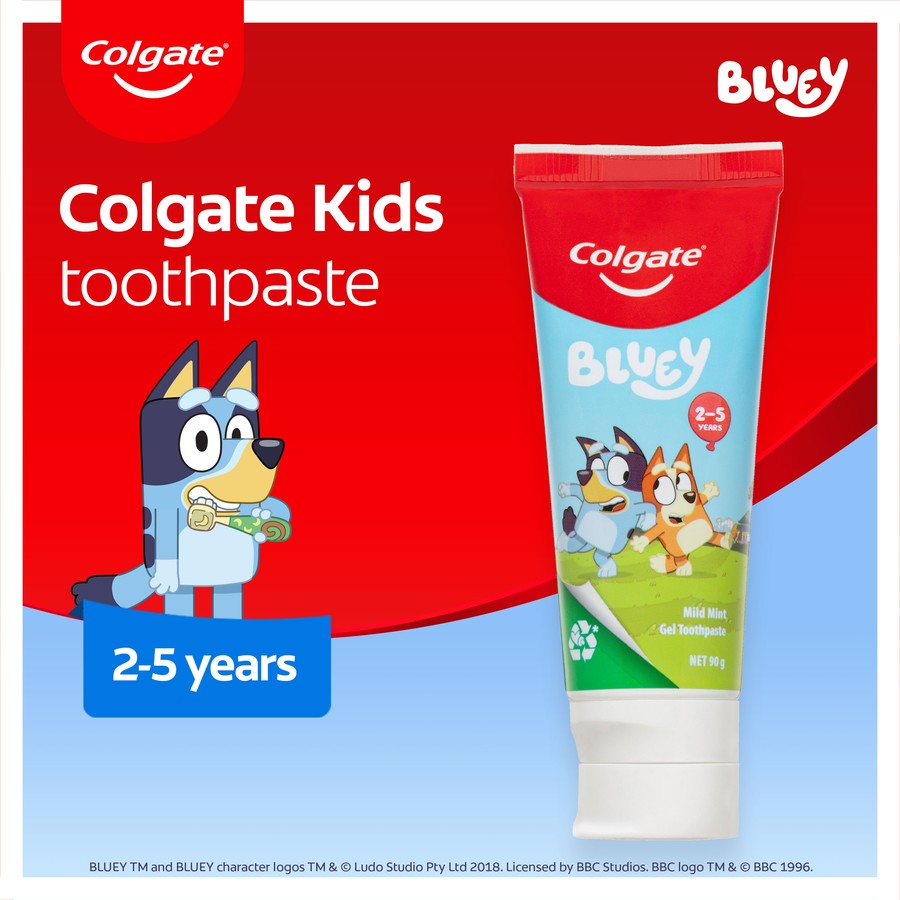 Colgate Kids Junior Bluey Toothpaste for Children 2-5 Years 90g - Mild Mint Gel