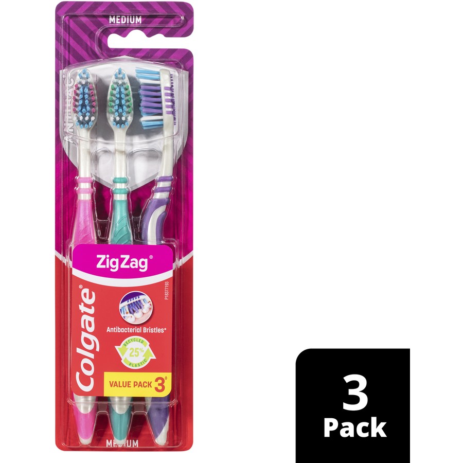 Colgate Zig Zag Manual Toothbrush, Value 3 Pack, Medium Bristles, Antibacterial Bristles
