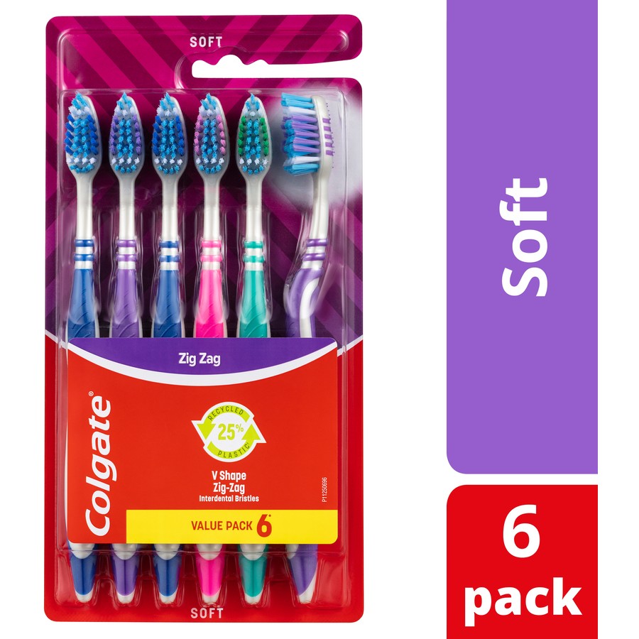 Colgate Zig Zag Manual Toothbrush, Value 6 Pack, Soft Bristles, Interdental Reach