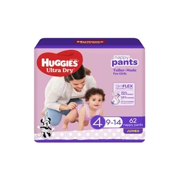 Huggies Ultra Dry Nappy Pants Girls Size 4 (9-14kg) | 62 pack