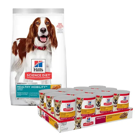 Science Diet Healthy Mobility Adult Dog Food 12kg & Chicken Adult Dog Can 370gx12