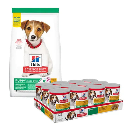 Science Diet Small Bites Puppy Food 7.03kg & Stewed Chicken & Vegetables Puppy Can 363gx12