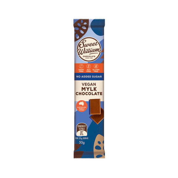 Sweet William Dairy Free No Added Sugar Vegan Mylk Chocolate Bar | 50g x 2 Pack