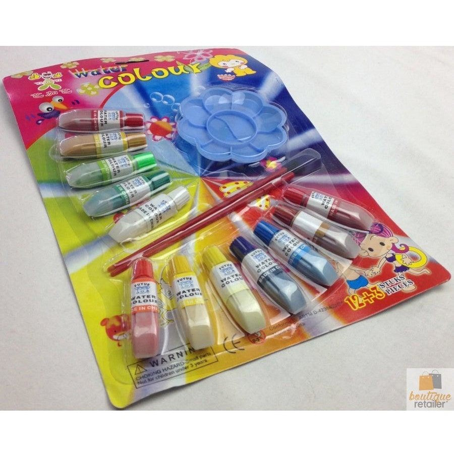 12x WATER COLOUR PAINTS 2 Brushes Watercolour Set Kit For Children Kids Art