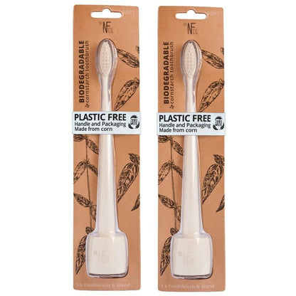 2x NFco Bio Soft-Bristles Toothbrush w/Stand Oral Hygiene Care Ivory Desert