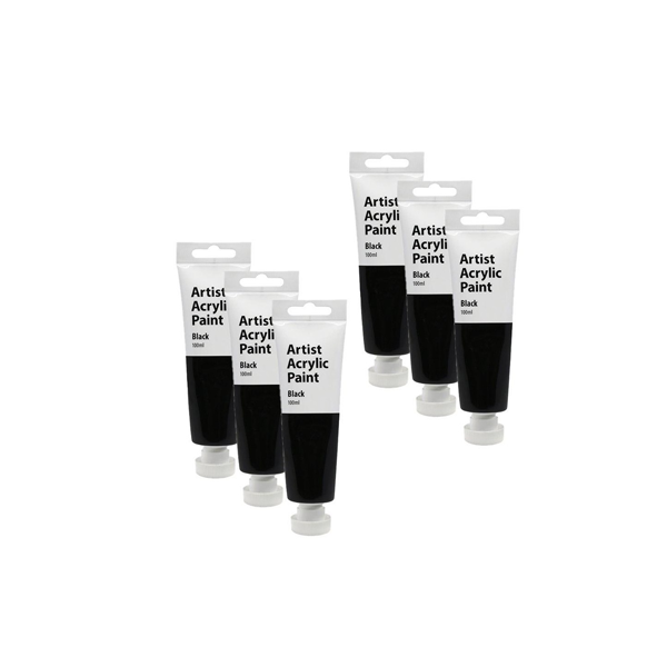 6x Artist Acrylic Paint 100ml Wood/Canvas Art Tube Painting Activity Black 3y+