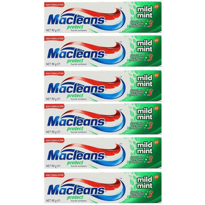6x Macleans 90g Fluoride Toothpaste Protect Dental Oral Teeth Care Mild Mint