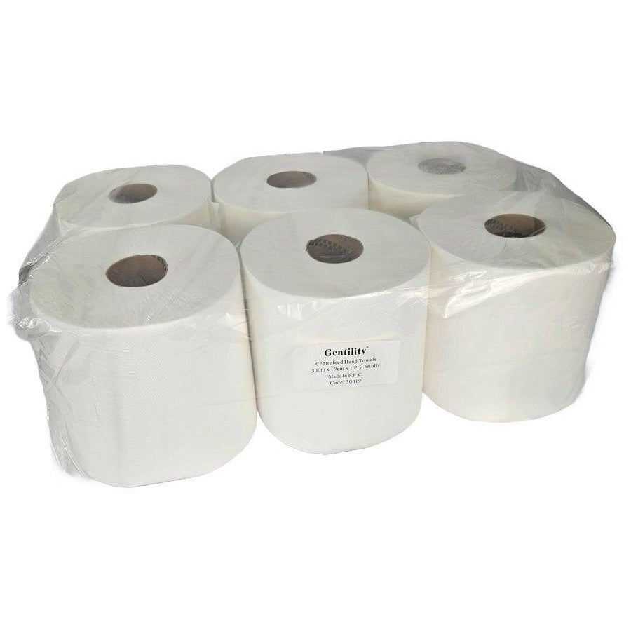 A&C Gentility Centerfeed Paper Hand Towels Roll 1ply 190mmx300m 6 Rolls AC-30019