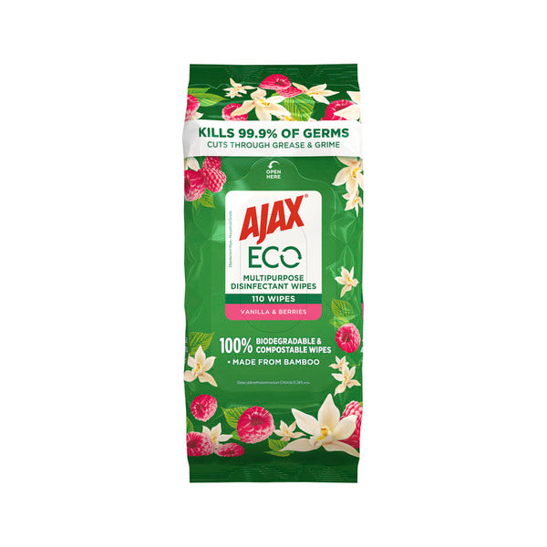 Ajax Eco Antibacterial Multipurpose Disinfectant Wipes Vanilla & Berries | 110 pack