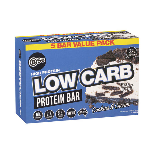 BSC High Protein Bar Low Carb Cookies And Cream 5 Bar Value Pack | 300g