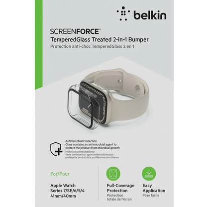 Belkin Tempered Glass Screen Protector for Apple Watch 41mm 4/5/6/SE/SE2/7/8 & 9 (Clear)