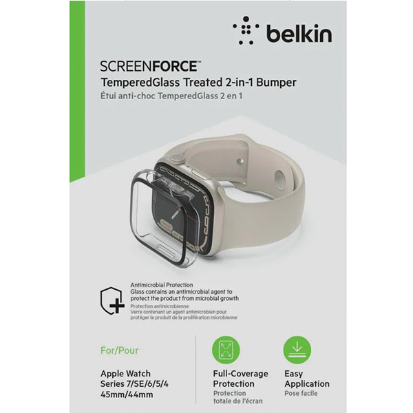 Belkin Tempered Glass Screen Protector for Apple Watch 45mm 4 5 6 SE SE2 7 8 9 Clear