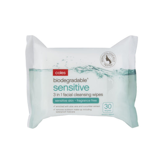 Coles Biodegradable Sensitive 3 In 1 Facial Cleansing Wipes | 30 pack