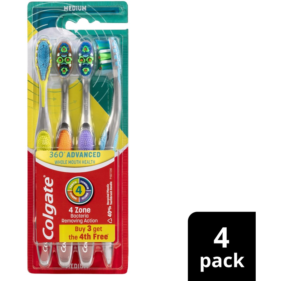 Colgate 360º Advanced Whole Mouth Health Manual Toothbrush, Value 4 Pack, Medium Bristles