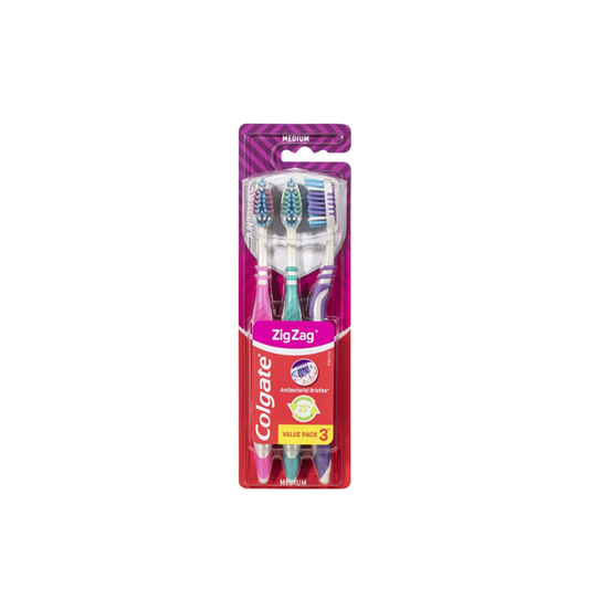 Colgate Zig Zag Manual Toothbrush, Value 3 Pack, Medium Bristles, Antibacterial Bristles