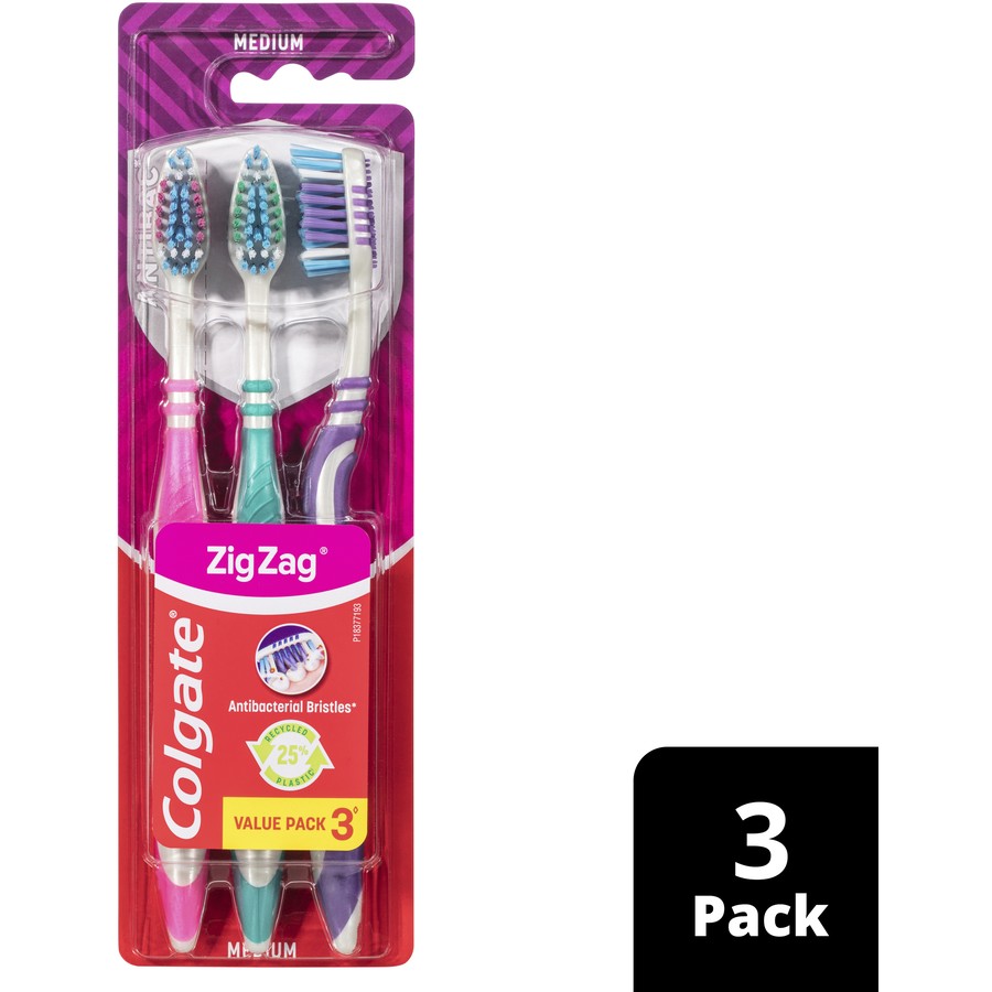 Colgate Zig Zag Manual Toothbrush, Value 3 Pack, Medium Bristles, Antibacterial Bristles