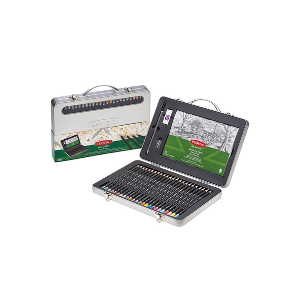 Derwent 28 Academy Coloured Pencils Set + Paper Pad Sharpener Eraser Tin Box
