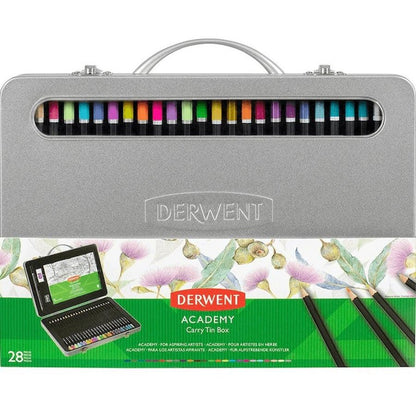 Derwent 28 Academy Coloured Pencils Set + Paper Pad Sharpener Eraser Tin Box