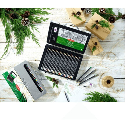 Derwent 28 Academy Coloured Pencils Set + Paper Pad Sharpener Eraser Tin Box