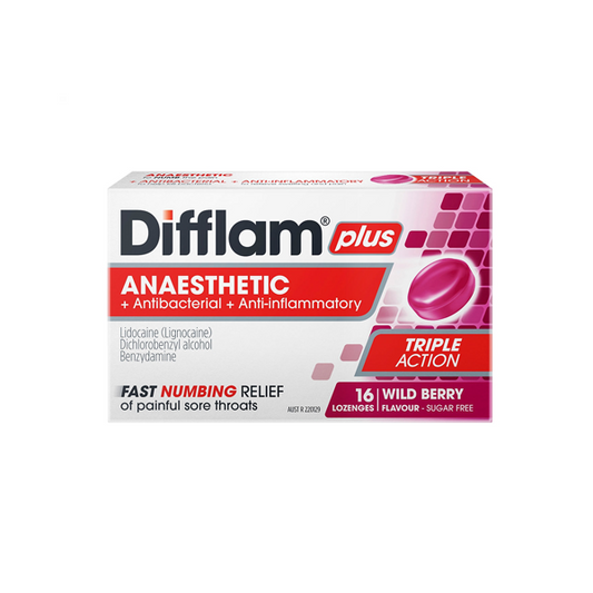 Difflam Plus Anaesthetic Sore Throat Lozenges Berry 16 Pack