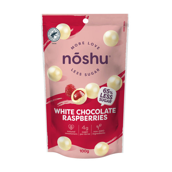 Noshu Less Sugar Bites:White Chocolate Raspberry | 100g