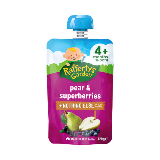 Rafferty's Garden Pear & Superberries Puree and Nothing Else Baby Food Pouch 4+ Months | 120g x 2 Pack
