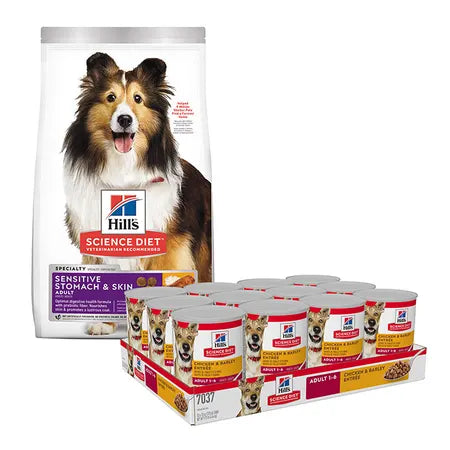 Science Diet Sensitive Stomach & Skin Adult Dog Food 12kg & Chicken Adult Dog Can 370gx12