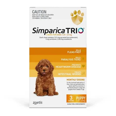 Simparica Trio 1.3-2.5kg Dog Flea Tick & Worm Chew 3 Pack