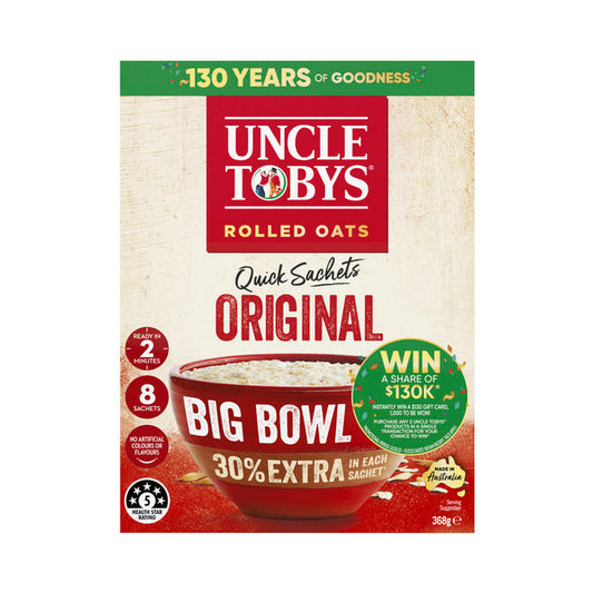 Uncle Tobys Oats Quick Sachets Breakfast Cereal Original Big Bowl | 368g